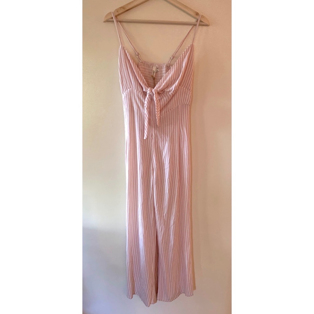 Elan • One Size • Pink White Stripes Tie Front Wide Crop Leg Smocked Jumpsuit